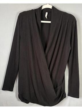 Womens Black Wrap Top L MTS Stretch Knit Surplice V Made in USA Soft Feel sz L